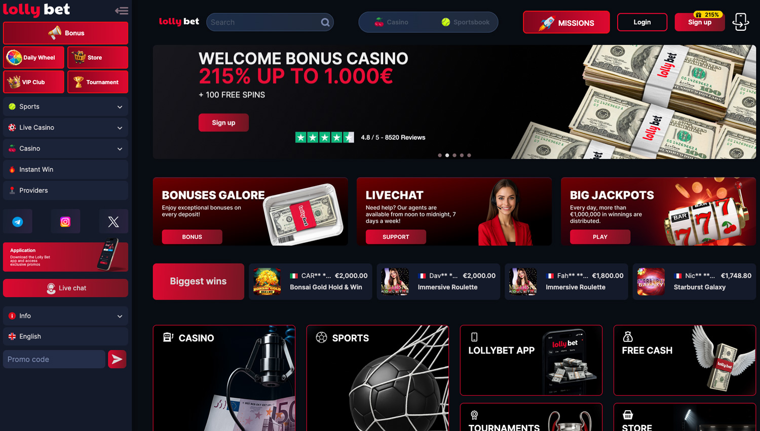 LollyBet officieel casino — Online bookmaker met 215% bonus tot €1.000 + 100 Free Spins